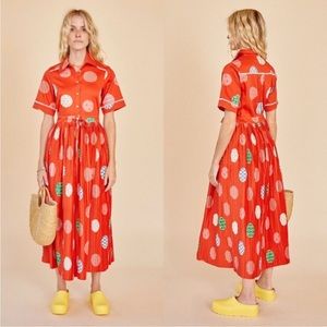 Hunter Bell Colby Red Print Tie Waist Pleated Midi Dress